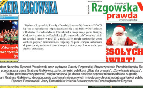 „Gazeta Rzgowska”, „Rzgowska Prawda”, Milena Chmielewska, Jerzy Romański, Ryszard Poradowski przepraszają Grażynę Gałkiewicz